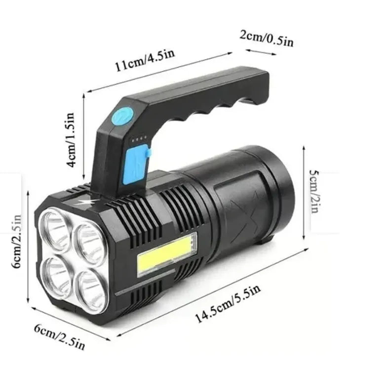 Linterna Táctica Recargable USB | 4 LEDs de Alta Potencia + Luz Lateral COB, 4 Modos de Iluminación y Grado Militar