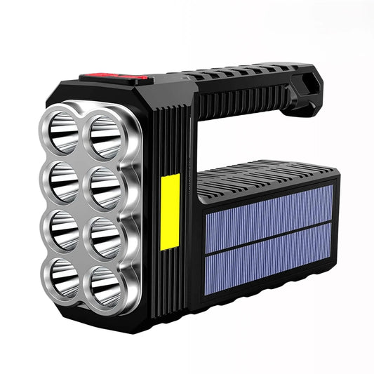 Linterna Solar Recargable de 8 LEDs + Luz Lateral COB | Lámpara Multifuncional 20W de Largo Alcance | Carga Dual USB/Solar e Impermeable | Ideal para Camping, Emergencias y Hogar