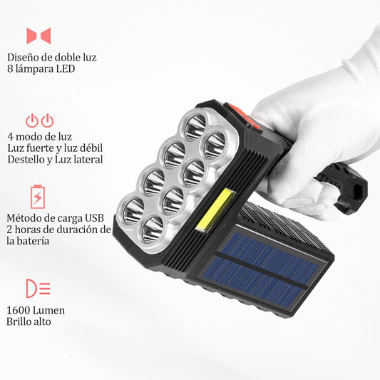 Linterna Solar Recargable de 8 LEDs + Luz Lateral COB | Lámpara Multifuncional 20W de Largo Alcance | Carga Dual USB/Solar e Impermeable | Ideal para Camping, Emergencias y Hogar
