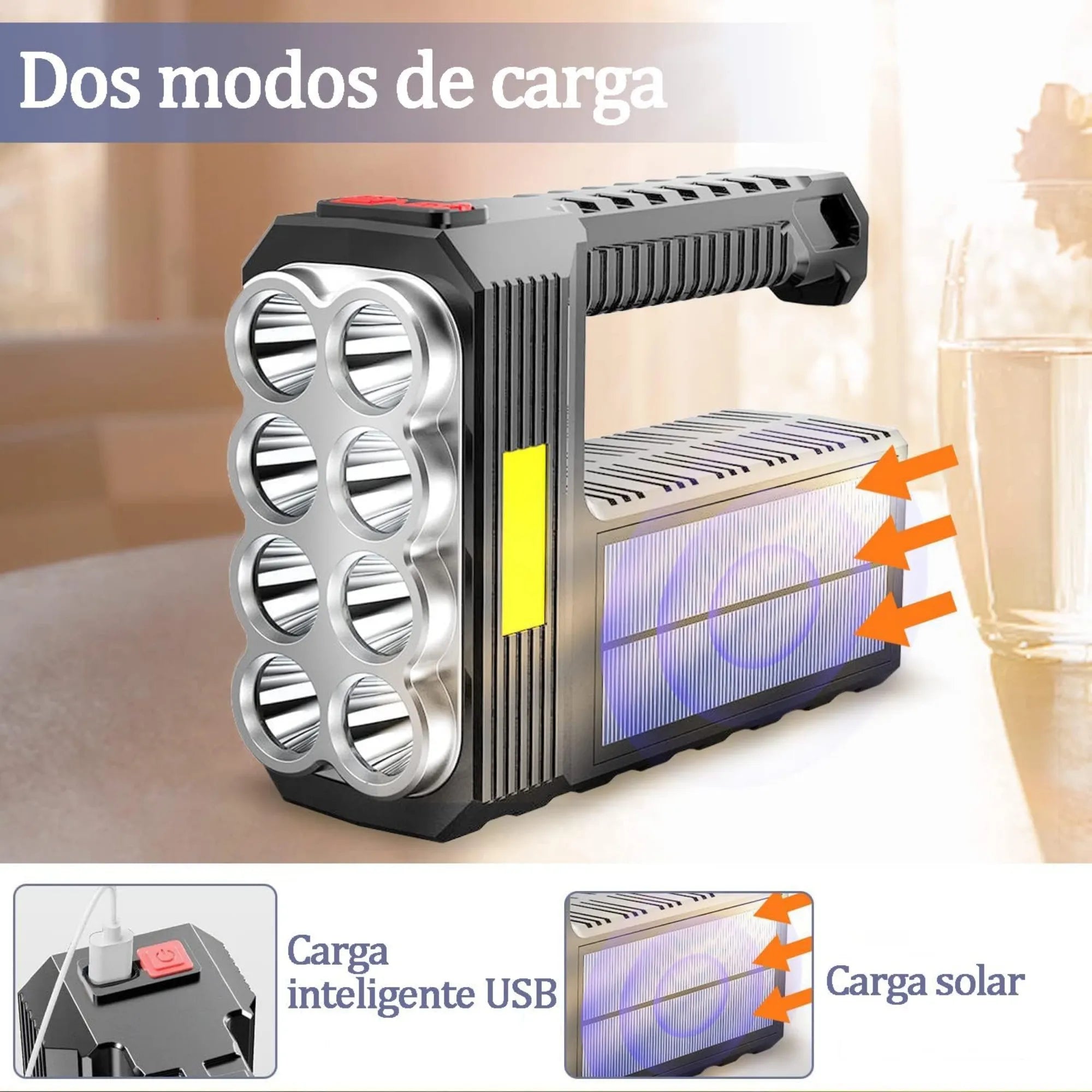 Linterna Solar Recargable de 8 LEDs + Luz Lateral COB | Lámpara Multifuncional 20W de Largo Alcance | Carga Dual USB/Solar e Impermeable | Ideal para Camping, Emergencias y Hogar
