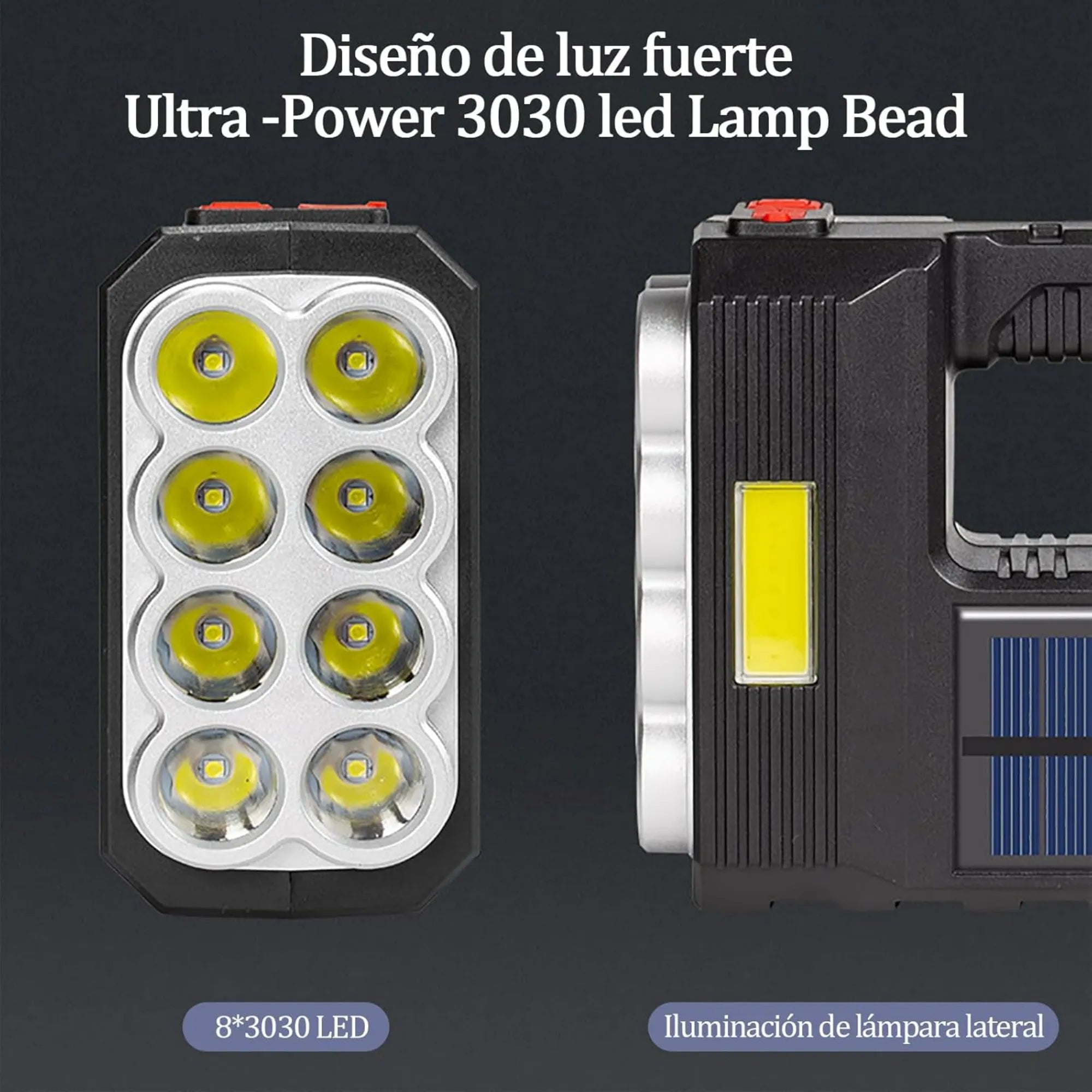 Linterna Solar Recargable de 8 LEDs + Luz Lateral COB | Lámpara Multifuncional 20W de Largo Alcance | Carga Dual USB/Solar e Impermeable | Ideal para Camping, Emergencias y Hogar