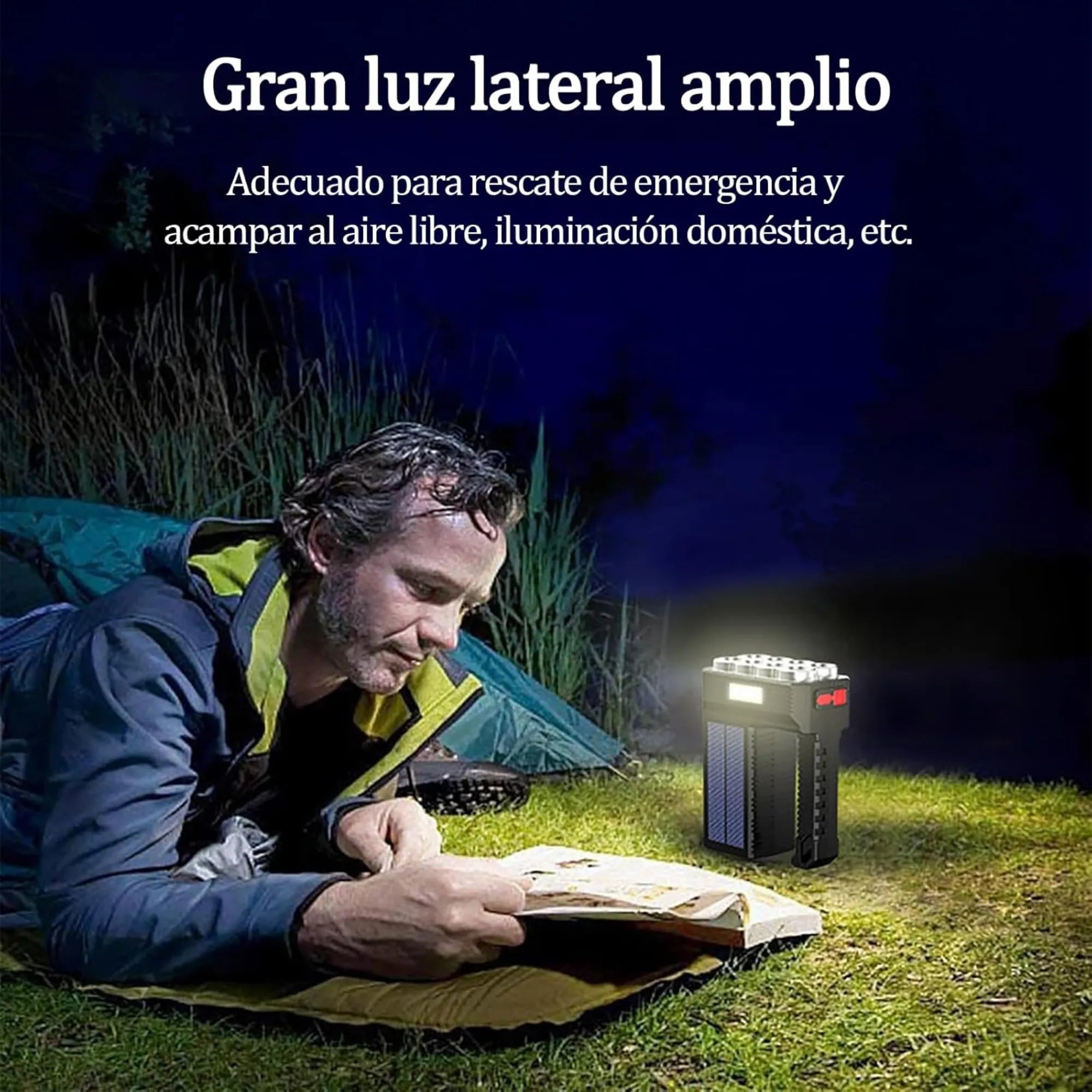 Linterna Solar Recargable de 8 LEDs + Luz Lateral COB | Lámpara Multifuncional 20W de Largo Alcance | Carga Dual USB/Solar e Impermeable | Ideal para Camping, Emergencias y Hogar