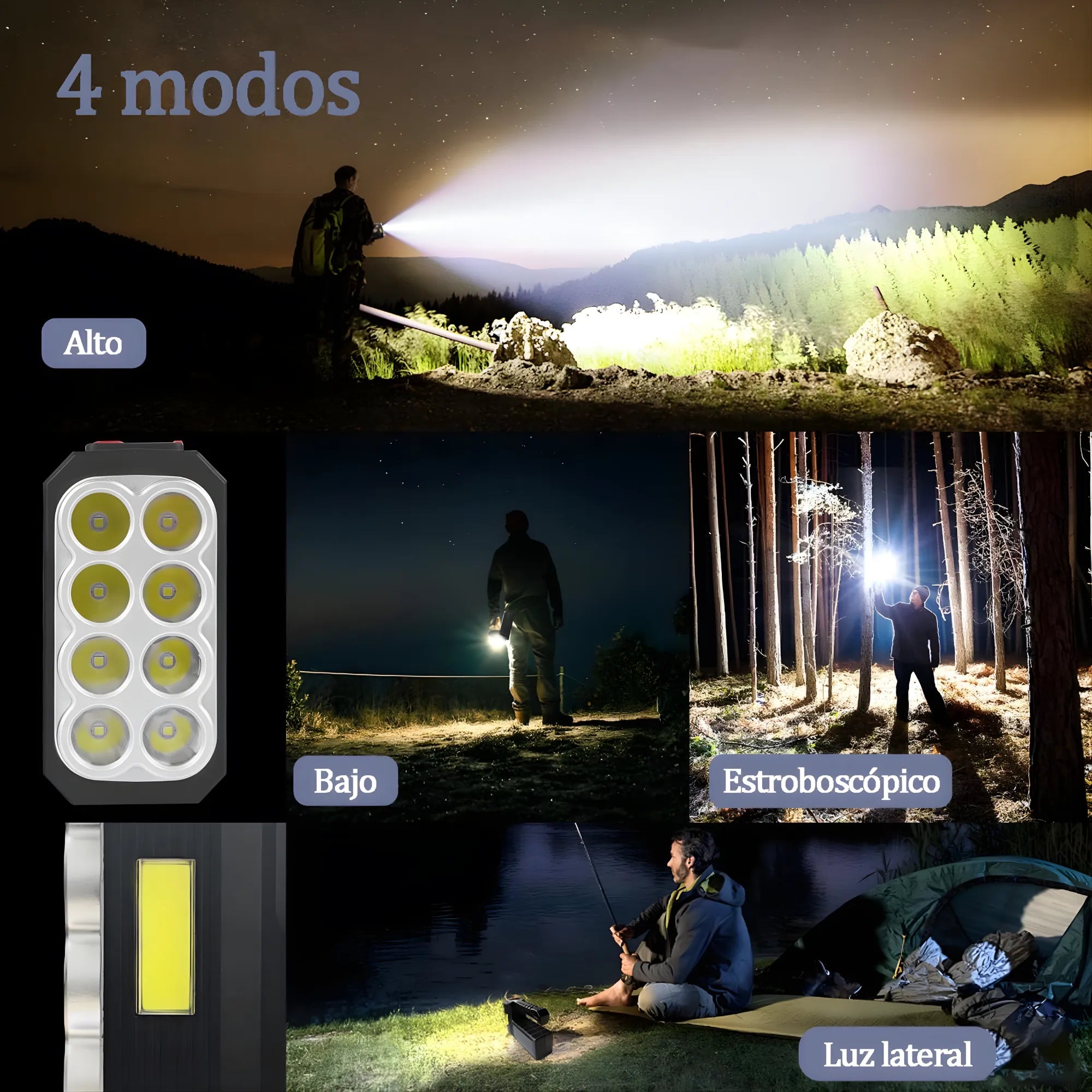 Linterna Solar Recargable de 8 LEDs + Luz Lateral COB | Lámpara Multifuncional 20W de Largo Alcance | Carga Dual USB/Solar e Impermeable | Ideal para Camping, Emergencias y Hogar