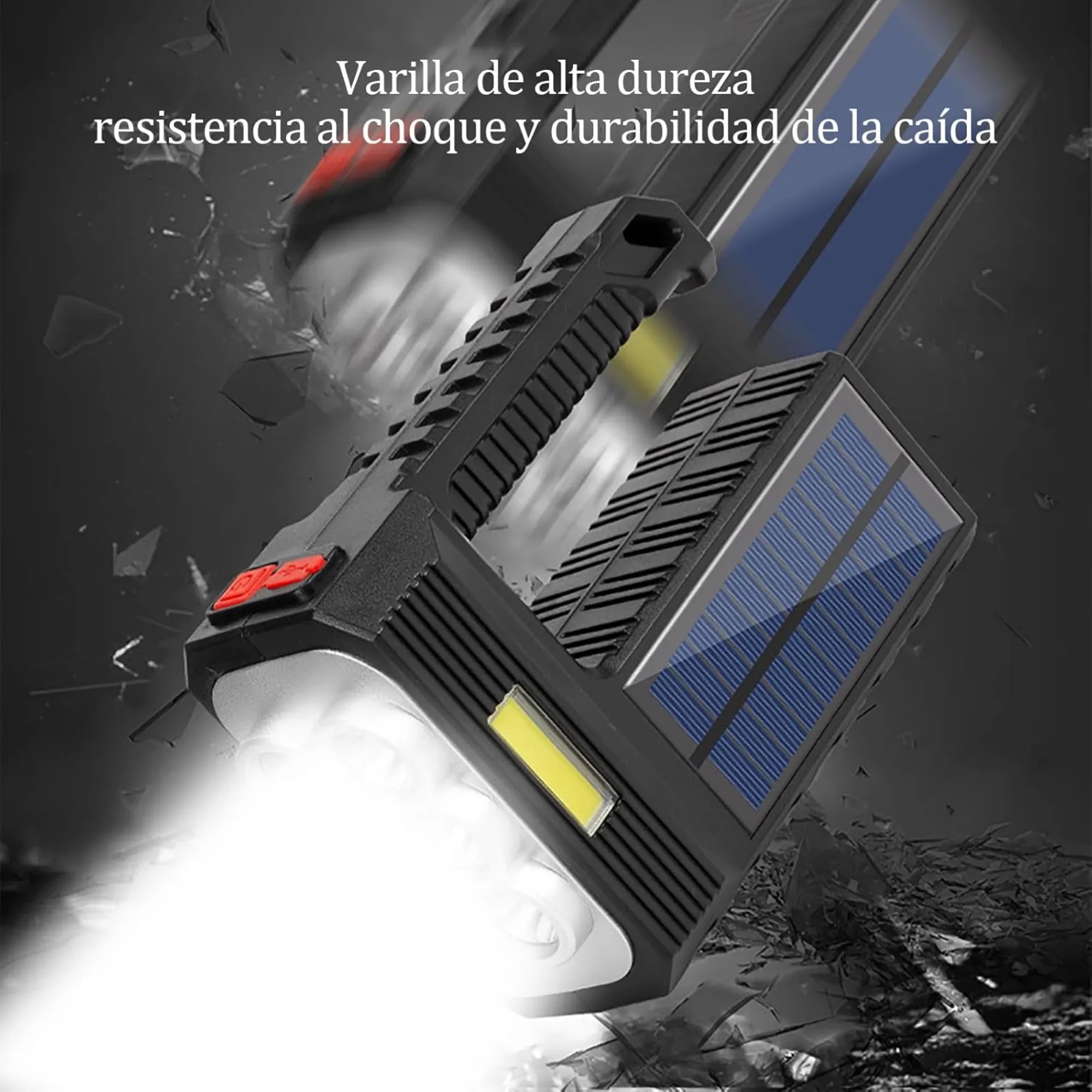 Linterna Solar Recargable de 8 LEDs + Luz Lateral COB | Lámpara Multifuncional 20W de Largo Alcance | Carga Dual USB/Solar e Impermeable | Ideal para Camping, Emergencias y Hogar