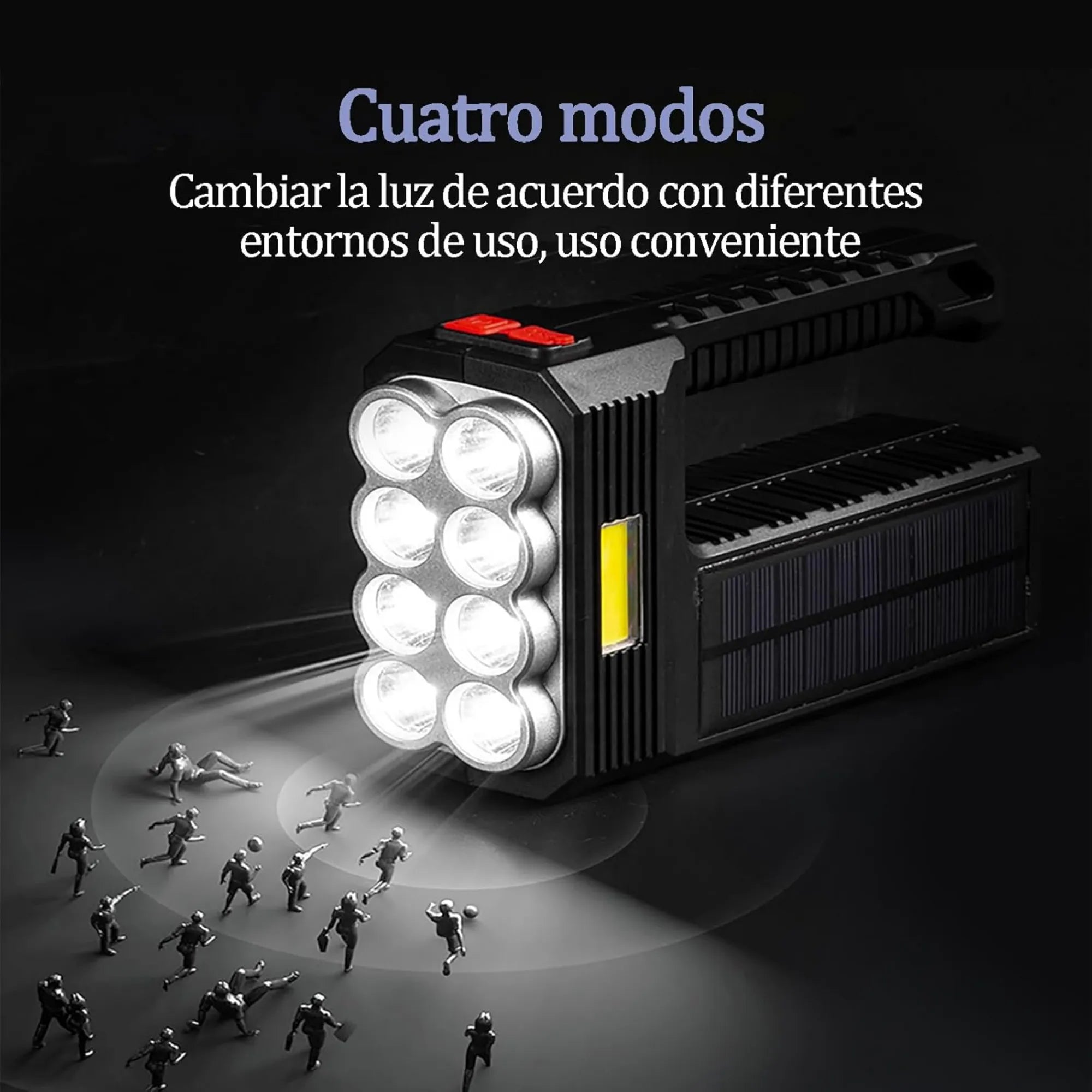 Linterna Solar Recargable de 8 LEDs + Luz Lateral COB | Lámpara Multifuncional 20W de Largo Alcance | Carga Dual USB/Solar e Impermeable | Ideal para Camping, Emergencias y Hogar
