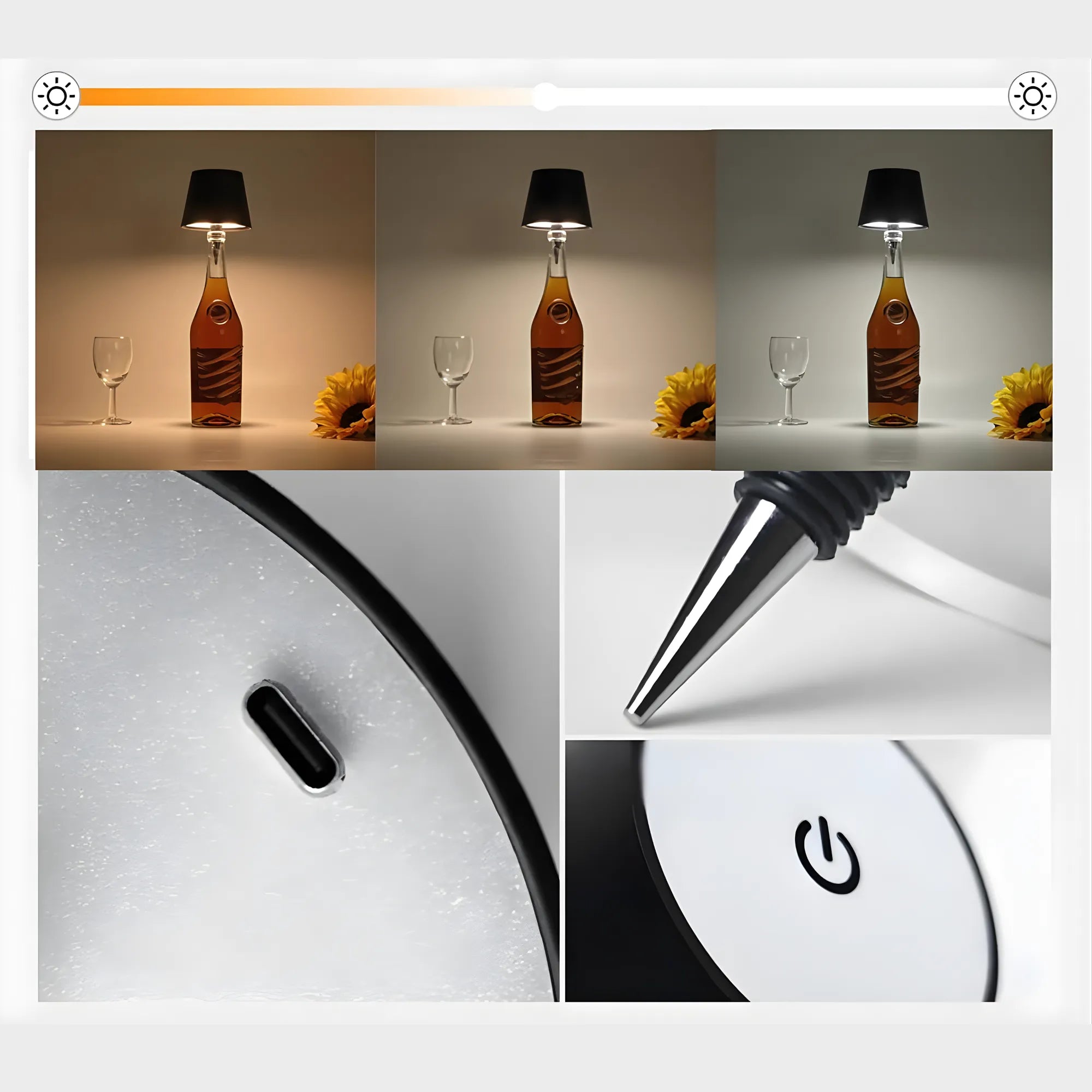 Lámpara de Botella Inalámbrica LED Recargable | Adaptador Universal para Botellas de Vino y Licores | Control Táctil Dimmer y 3 Modos de Luz | Impermeable IP54 para Interior y Exterior