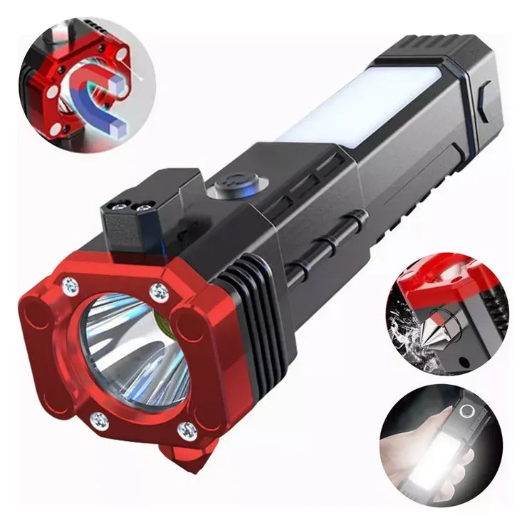 Linterna Martillo de Seguridad 4-en-1 | Powerbank Portátil, Rompe Vidrios y Cortador de Cinturón | Carga USB e Imanes de Sujeción