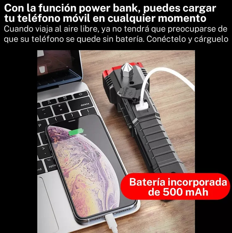 Linterna Martillo de Seguridad 4-en-1 | Powerbank Portátil, Rompe Vidrios y Cortador de Cinturón | Carga USB e Imanes de Sujeción