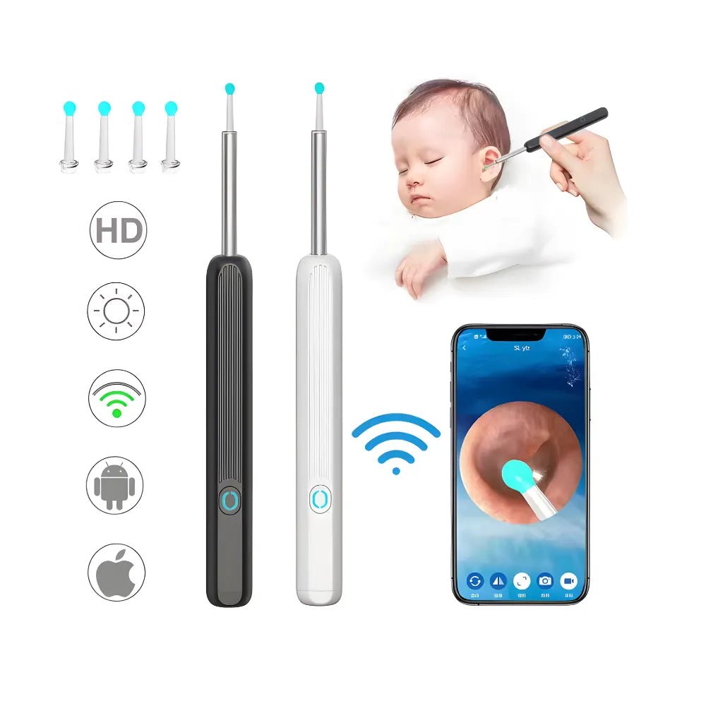 Limpiador de Oídos Inalámbrico con Cámara 1080P HD | Otoscopio Inteligente WiFi con 6 LEDs y Giroscopio de 6 Ejes | Cámara de 3.6mm Impermeable IPX5 | Compatible con iPhone y Android