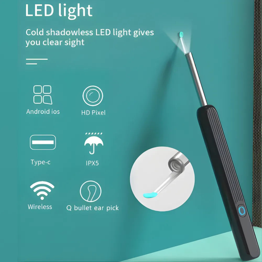 Limpiador de Oídos Inalámbrico con Cámara 1080P HD | Otoscopio Inteligente WiFi con 6 LEDs y Giroscopio de 6 Ejes | Cámara de 3.6mm Impermeable IPX5 | Compatible con iPhone y Android