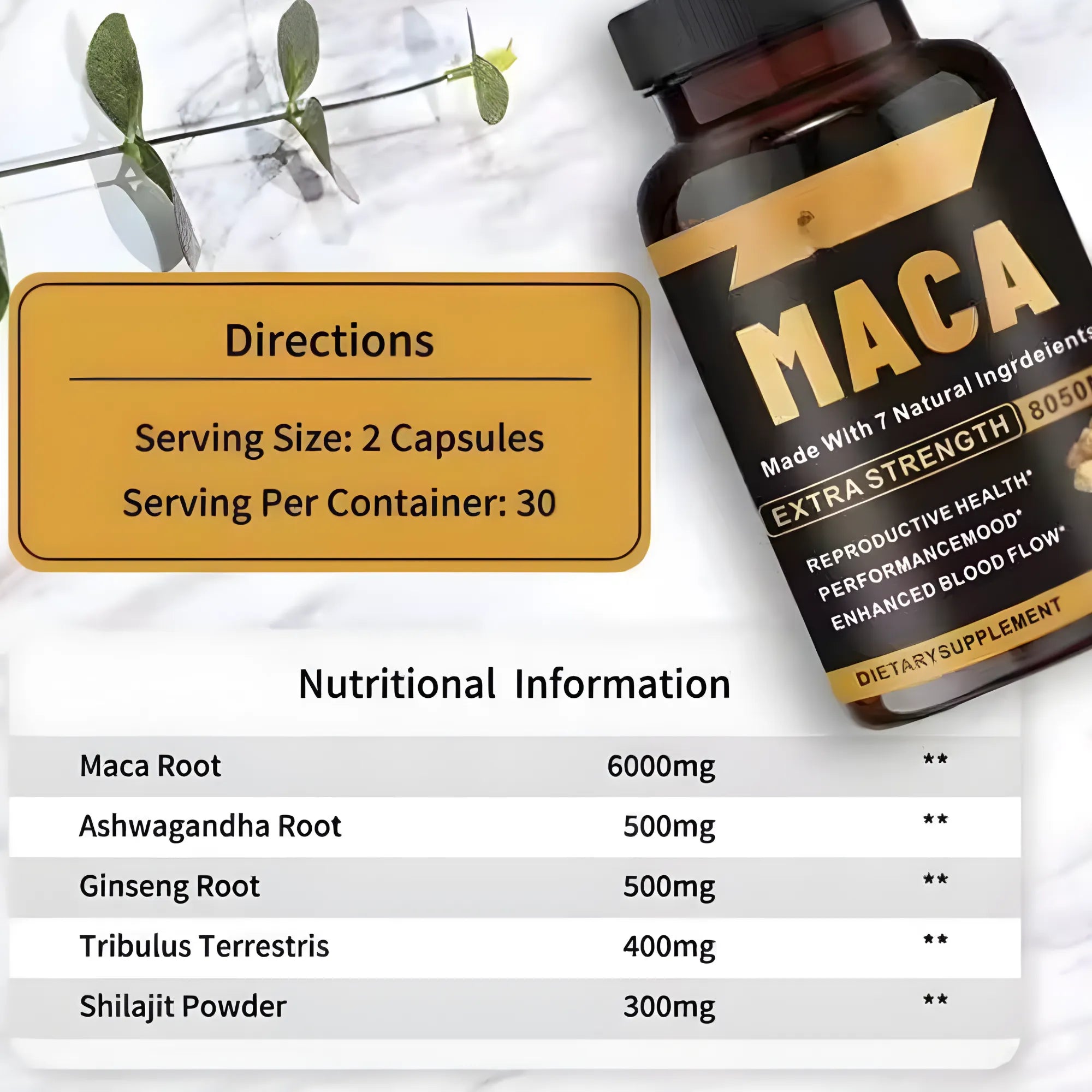 Suplemento Maca Negra Complex 8050mg | Fórmula 7 en 1 con Ashwagandha, Tribulus y Shilajit | Potenciador de Energía, Masa Muscular y Bienestar General | Fórmula de Alta Absorción para Hombres y Mujeres | 60 Cápsulas Veganas