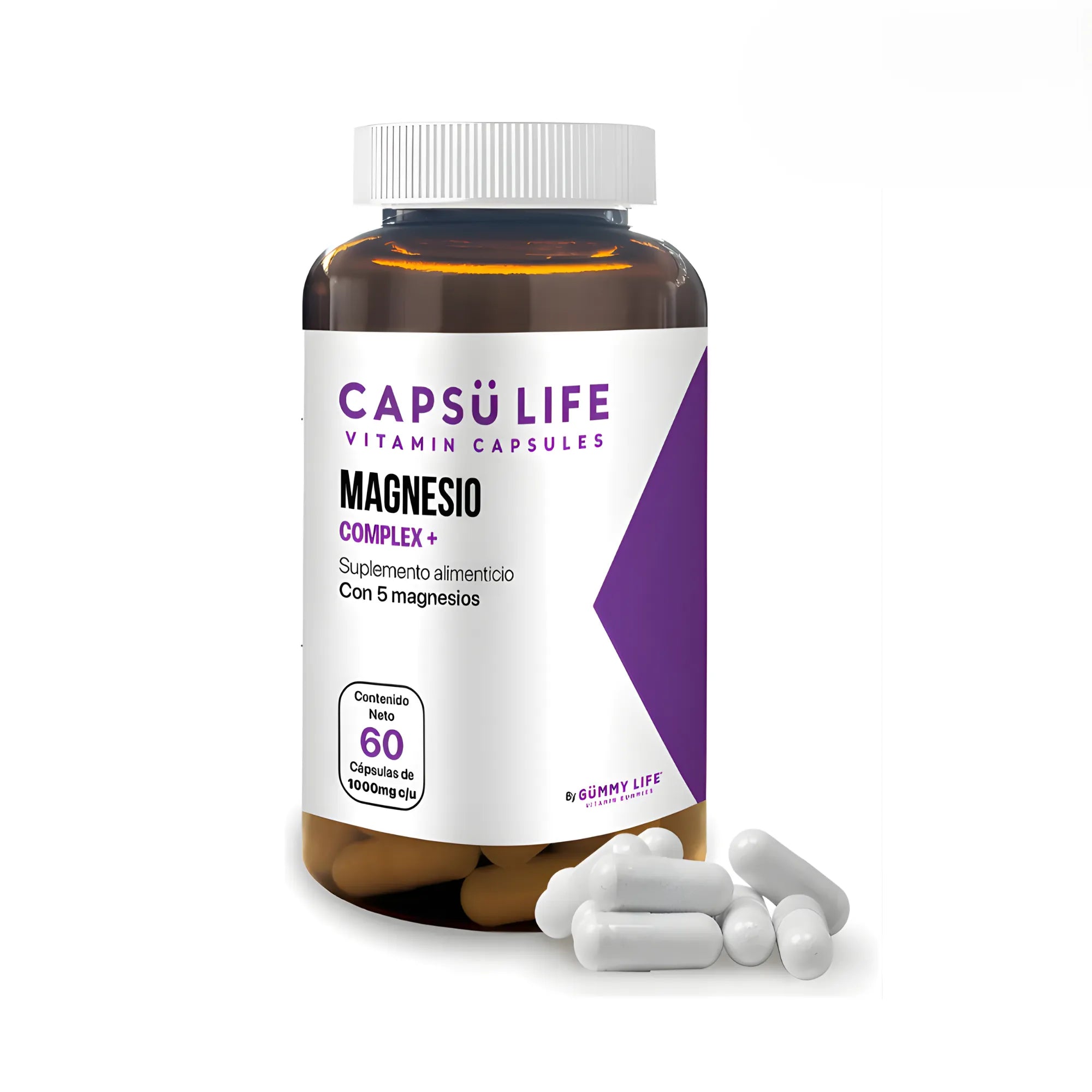 Magnesio Complex + Gummy Life 60 Cápsulas | Fórmula Avanzada de 5 Fuentes de Magnesio con Vitaminas B y C | Citrato, Glicinato y L-Treonato | Soporte para Sistema Nervioso, Energía y Músculos | 1,000 mg por Cápsula