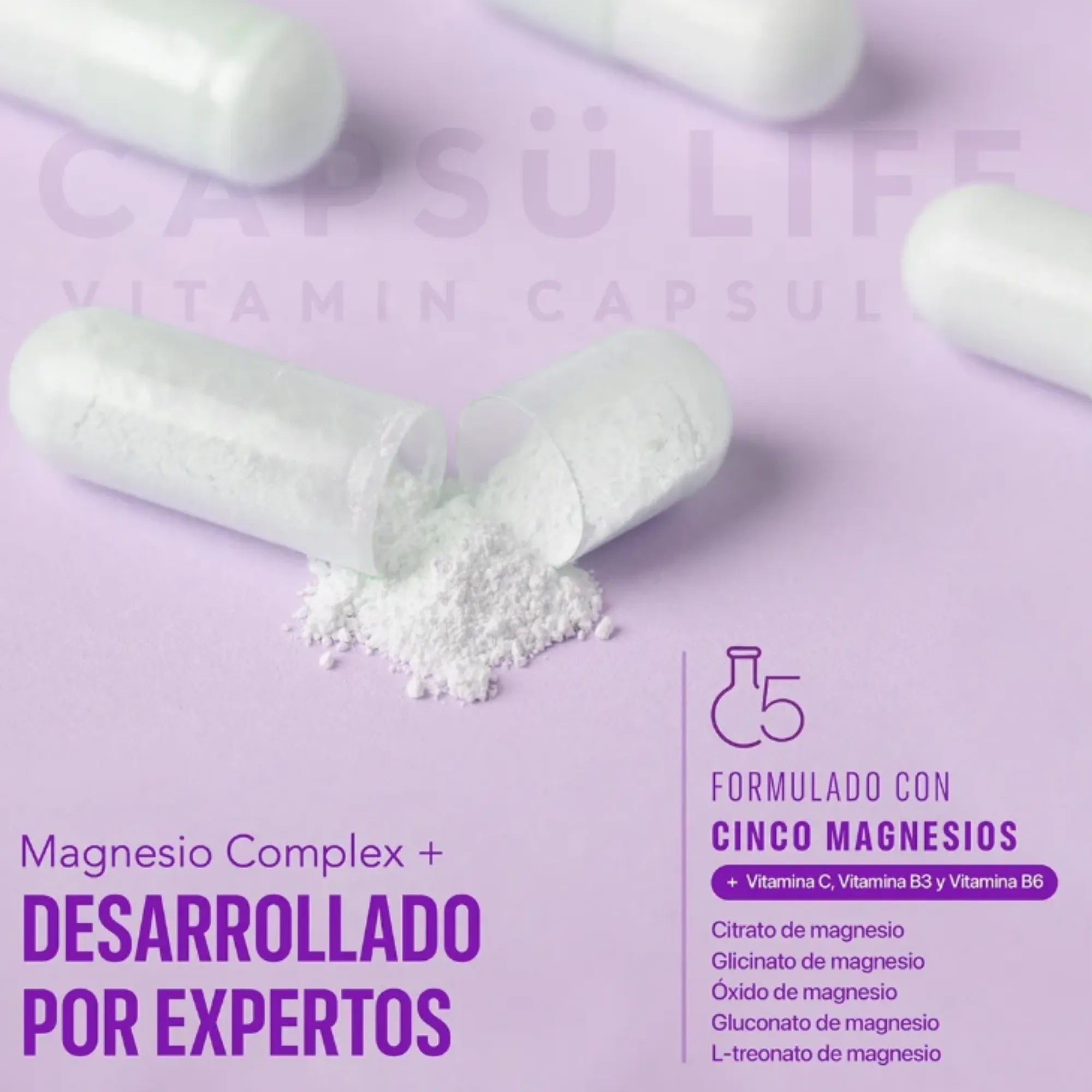 Magnesio Complex + Gummy Life 60 Cápsulas | Fórmula Avanzada de 5 Fuentes de Magnesio con Vitaminas B y C | Citrato, Glicinato y L-Treonato | Soporte para Sistema Nervioso, Energía y Músculos | 1,000 mg por Cápsula