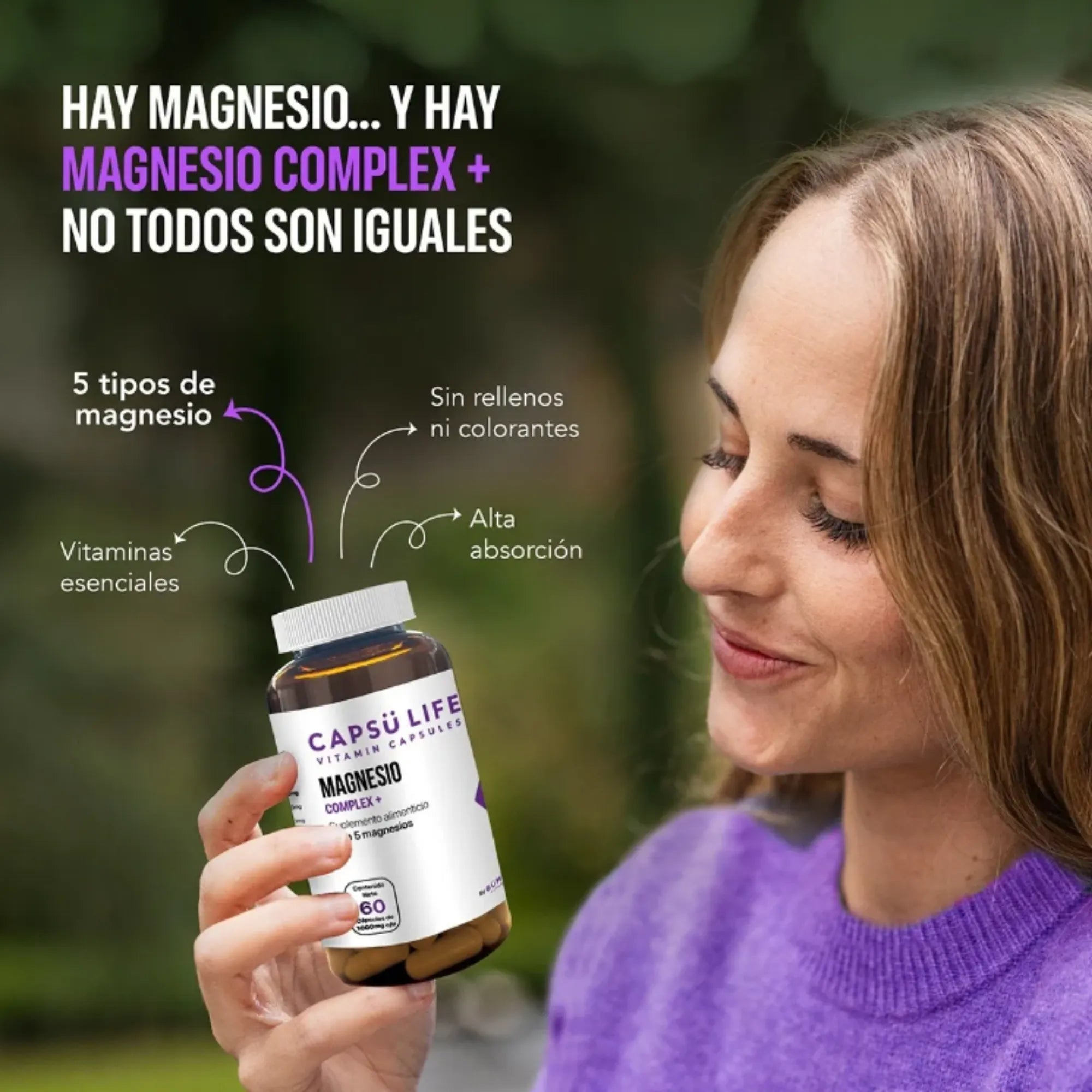 Magnesio Complex + Gummy Life 60 Cápsulas | Fórmula Avanzada de 5 Fuentes de Magnesio con Vitaminas B y C | Citrato, Glicinato y L-Treonato | Soporte para Sistema Nervioso, Energía y Músculos | 1,000 mg por Cápsula