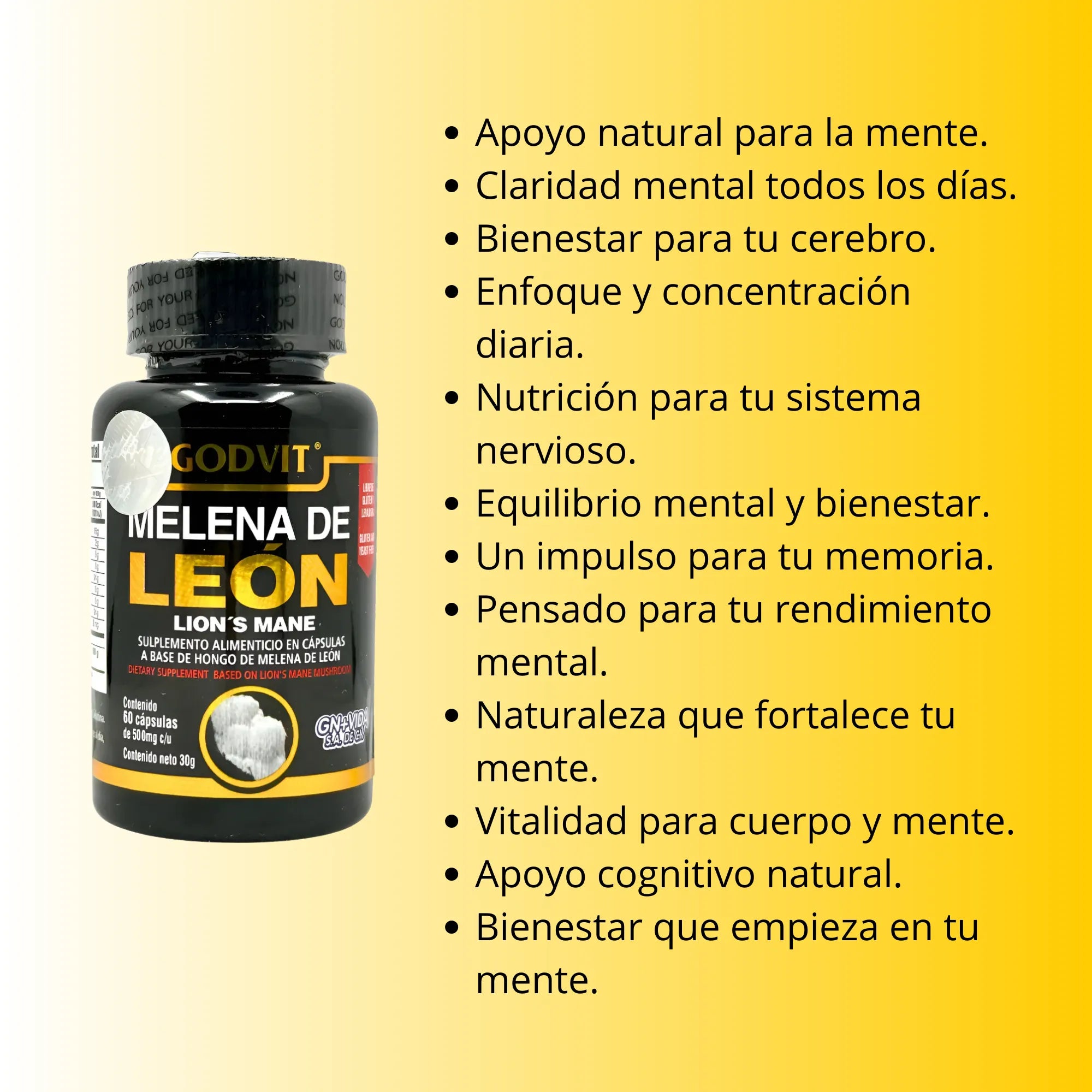 Suplemento Melena de León Godvit Nexiora | Certificado por COFEPRIS | Cápsulas de Extracto Puro Adaptógeno | Máximo Enfoque Mental, Concentración y Claridad Cognitiva | Soporte al Sistema Inmunológico | 100% Vegano, Sin Gluten ni Lactosa (60 Caps)