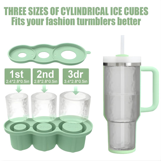 Molde de Silicona para Hielo de 3 Niveles | Diseñado para Vasos Stanley de 20 a 40 oz | Bandeja con Tapa Hermética Anti-Olores | Cubos Cilíndricos Huecos de Lenta Fusión | Ideal para Cócteles y Termos