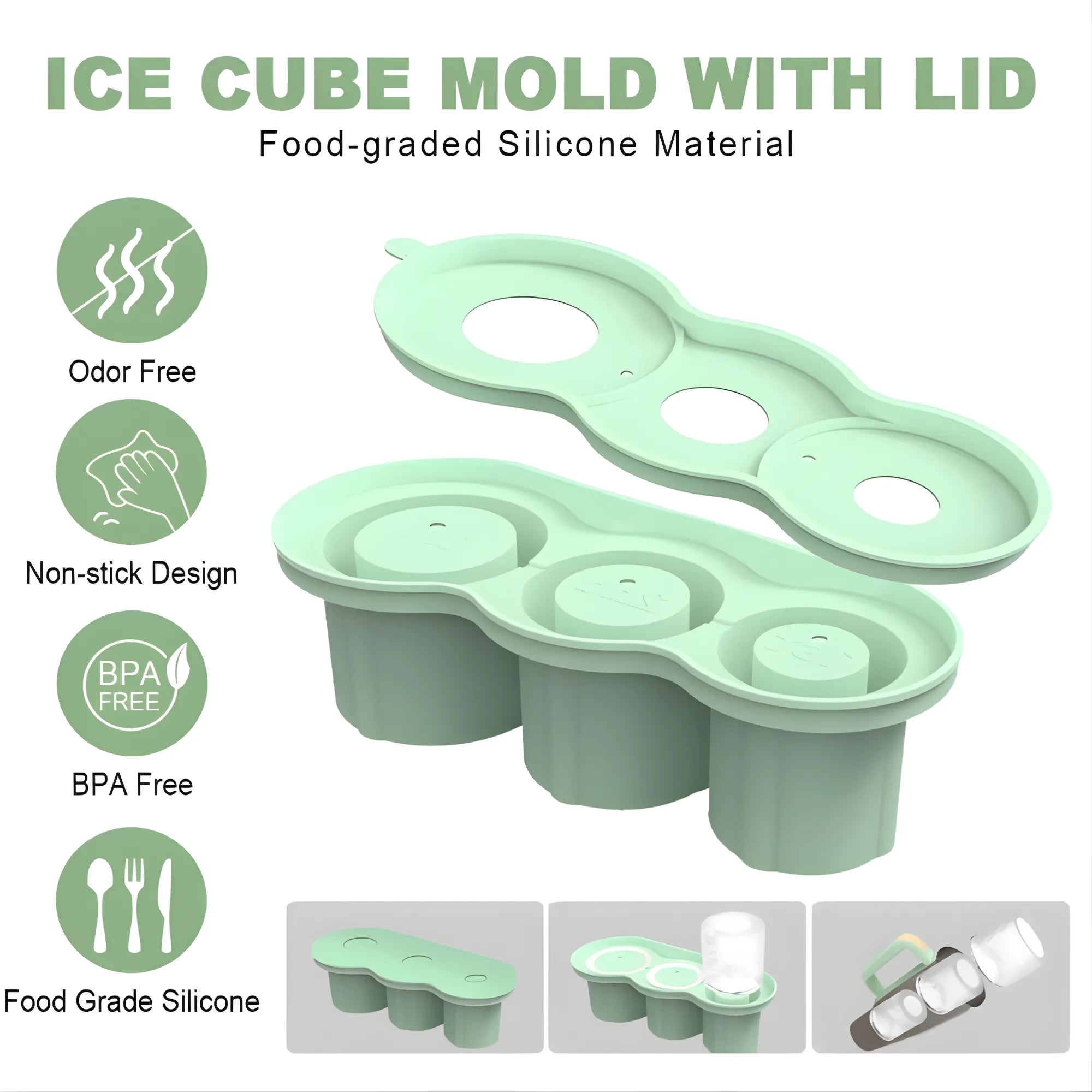 Molde de Silicona para Hielo de 3 Niveles | Diseñado para Vasos Stanley de 20 a 40 oz | Bandeja con Tapa Hermética Anti-Olores | Cubos Cilíndricos Huecos de Lenta Fusión | Ideal para Cócteles y Termos
