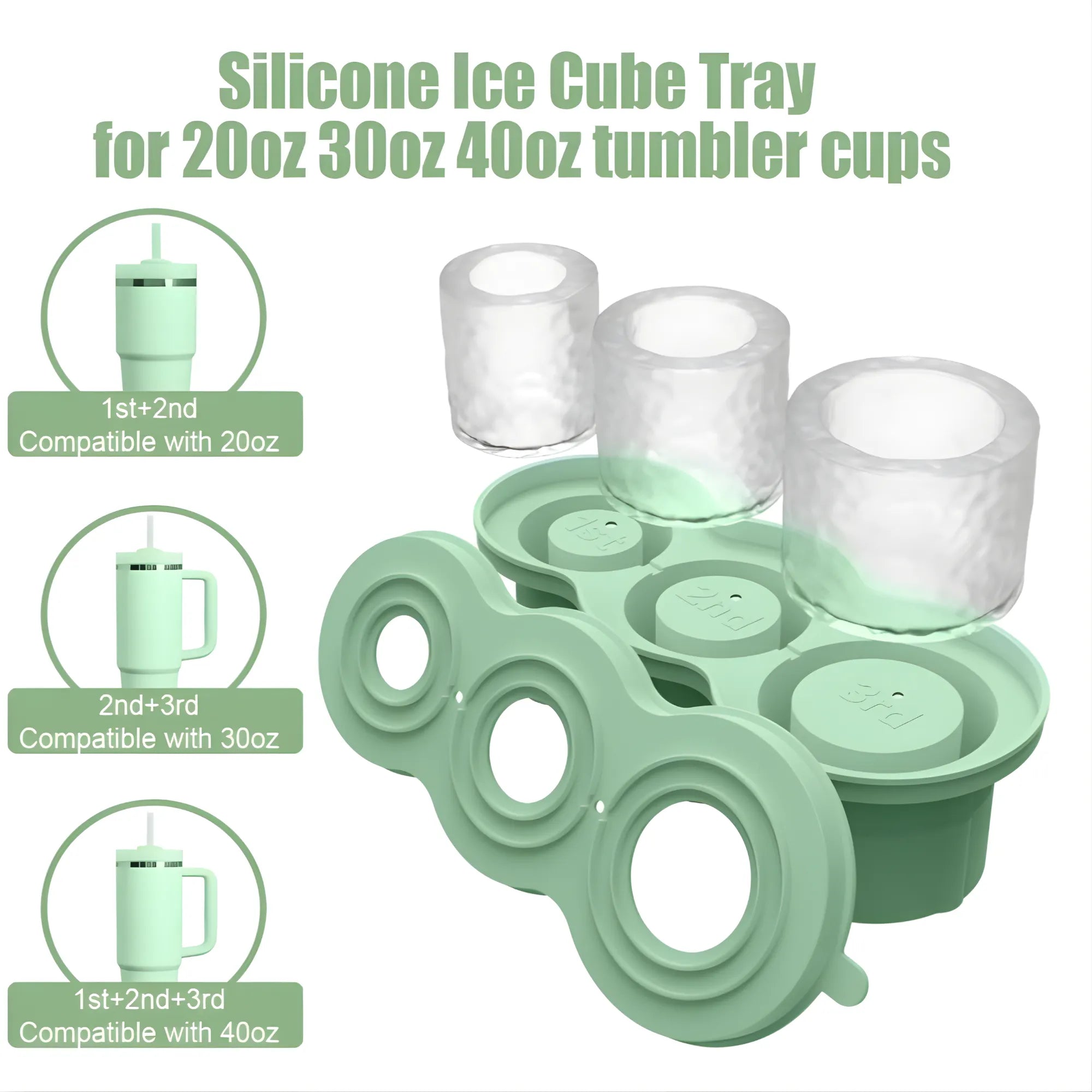 Molde de Silicona para Hielo de 3 Niveles | Diseñado para Vasos Stanley de 20 a 40 oz | Bandeja con Tapa Hermética Anti-Olores | Cubos Cilíndricos Huecos de Lenta Fusión | Ideal para Cócteles y Termos