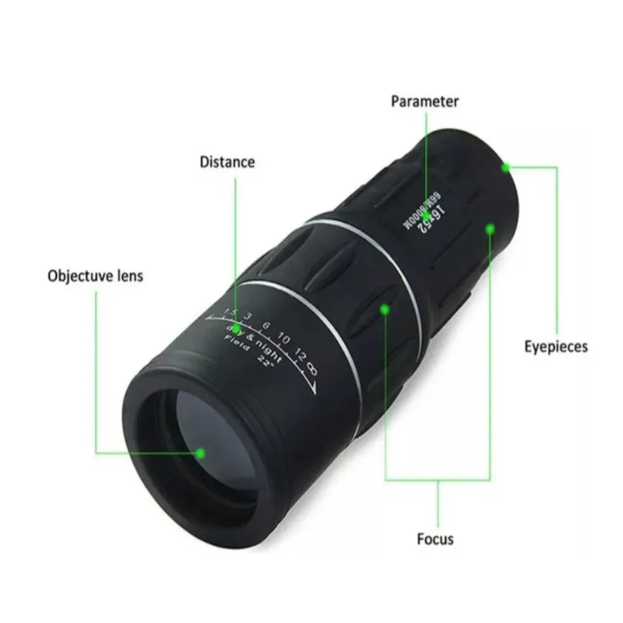 Telescopio Monocular de Bolsillo 16x52 | Visión Nítida de Largo Alcance y 22° de Campo | Resistente al Agua y Antideslizante | Ideal para Senderismo, Aves y Eventos