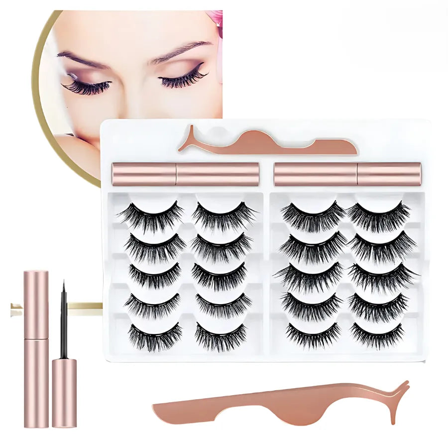 Kit de 10 Pares de Pestañas Magnéticas 3D con Delineador y Pinza | Sin Pegamento, Reutilizables e Impermeables para Mirada Intensa