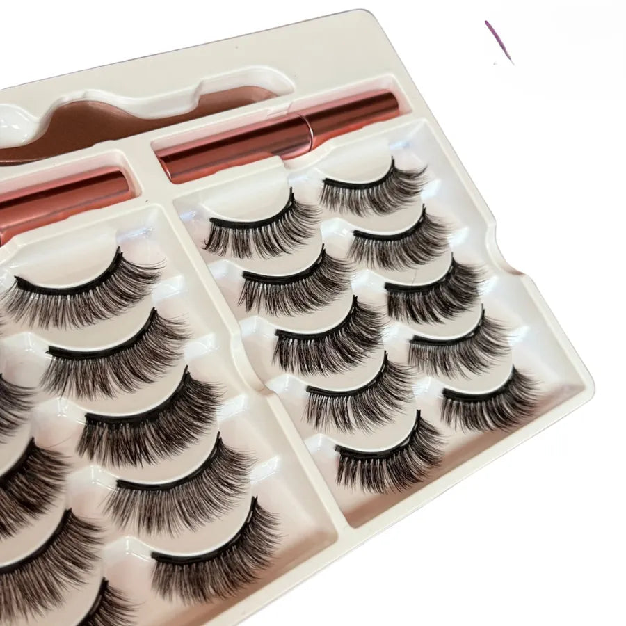 Kit de 10 Pares de Pestañas Magnéticas 3D con Delineador y Pinza | Sin Pegamento, Reutilizables e Impermeables para Mirada Intensa