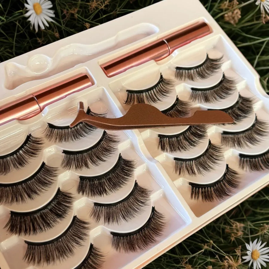 Kit de 10 Pares de Pestañas Magnéticas 3D con Delineador y Pinza | Sin Pegamento, Reutilizables e Impermeables para Mirada Intensa