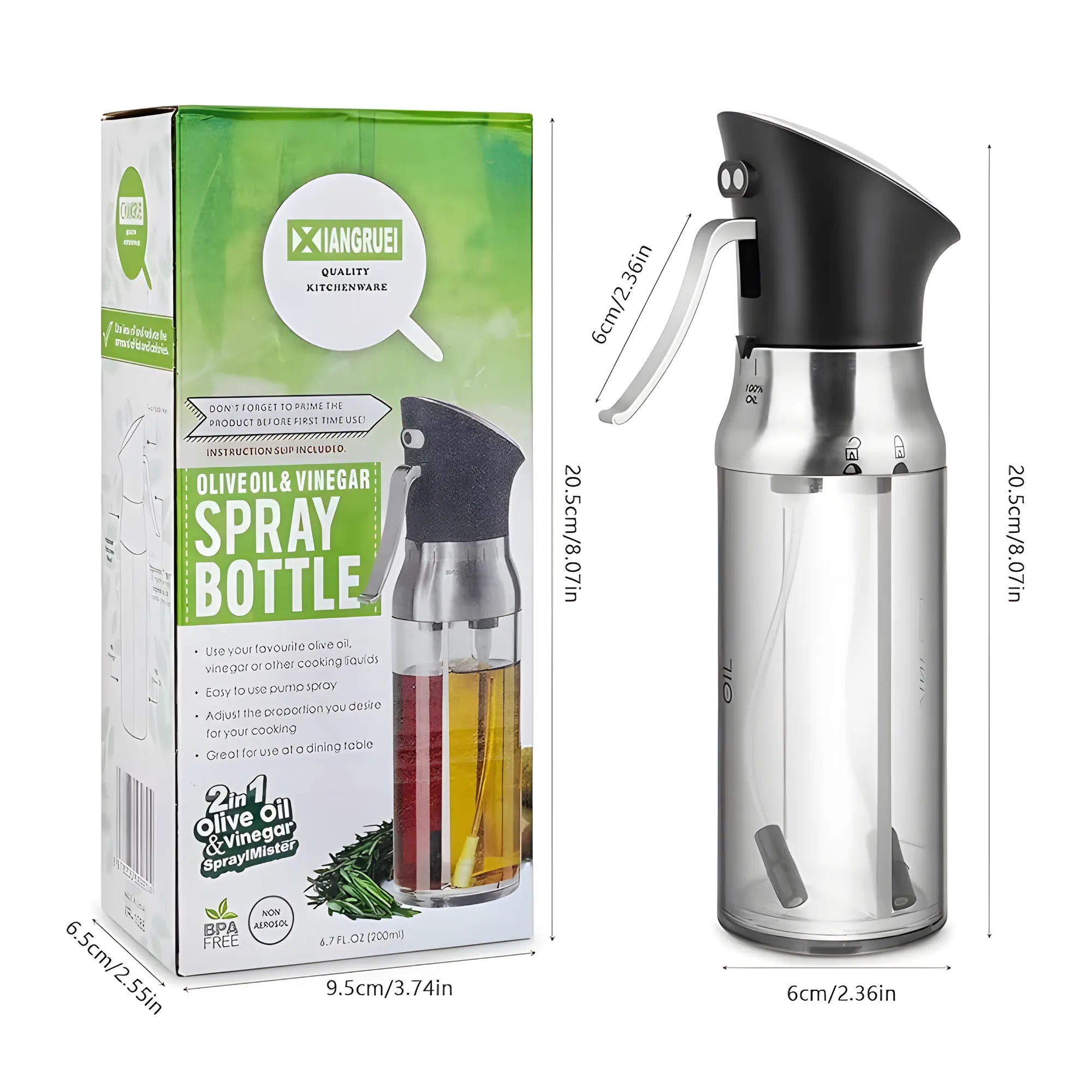 Pulverizador de Aceite y Vinagre 2 en 1 Nexiora | Botella Dual de 200ml con Boquillas Independientes | Atomizador de Precisión para Cocina Saludable | Material Grado Alimenticio Transparente