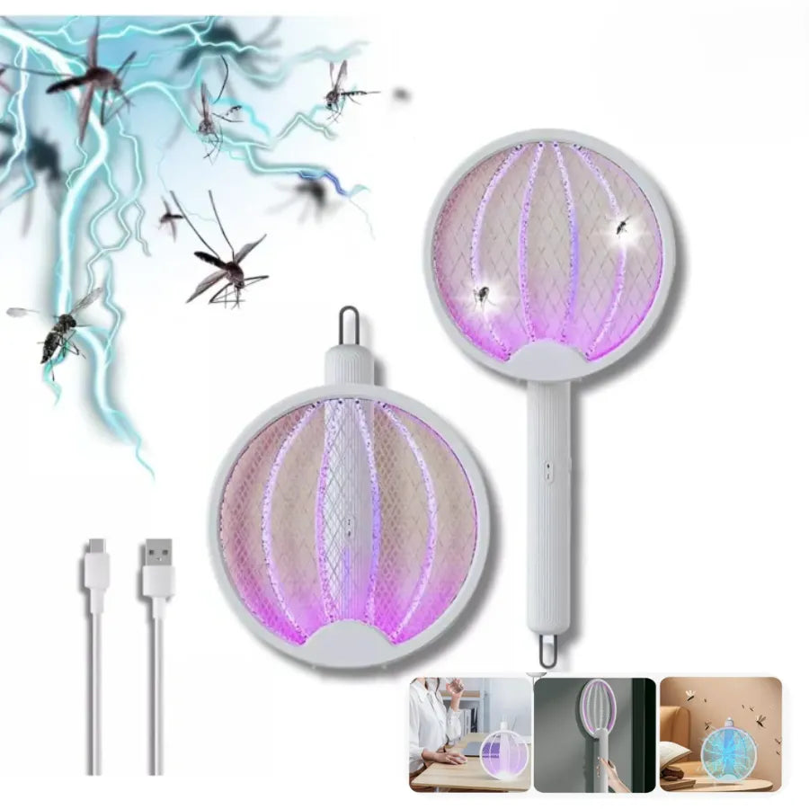 Raqueta Eléctrica Mata Mosquitos 2 en 1 | Trampa de Luz LED Púrpura 3000V | Diseño Plegable Recargable USB | Eliminador de Insectos Sin Químicos