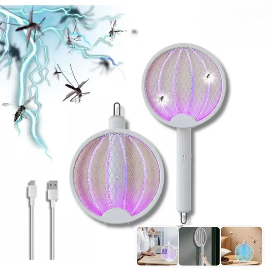 Raqueta Eléctrica Mata Mosquitos 2 en 1 | Trampa de Luz LED Púrpura 3000V | Diseño Plegable Recargable USB | Eliminador de Insectos Sin Químicos