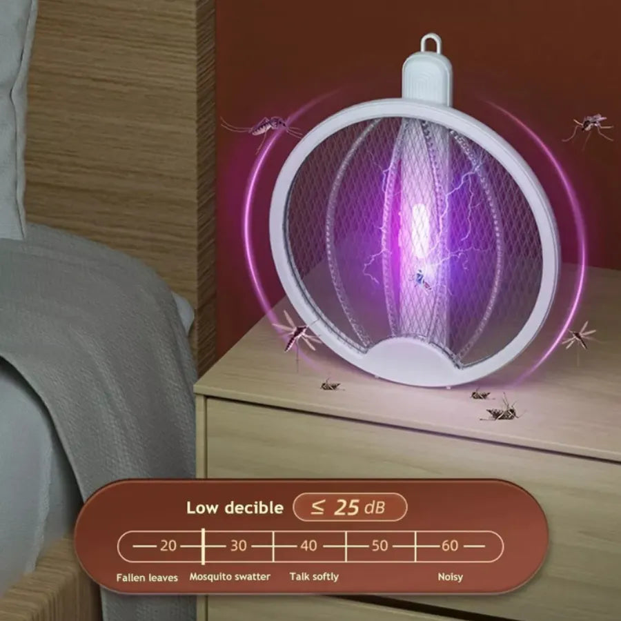 Raqueta Eléctrica Mata Mosquitos 2 en 1 | Trampa de Luz LED Púrpura 3000V | Diseño Plegable Recargable USB | Eliminador de Insectos Sin Químicos