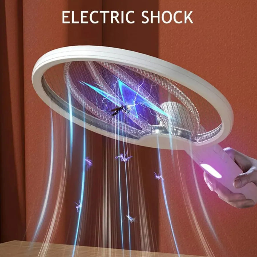 Raqueta Eléctrica Mata Mosquitos 2 en 1 | Trampa de Luz LED Púrpura 3000V | Diseño Plegable Recargable USB | Eliminador de Insectos Sin Químicos