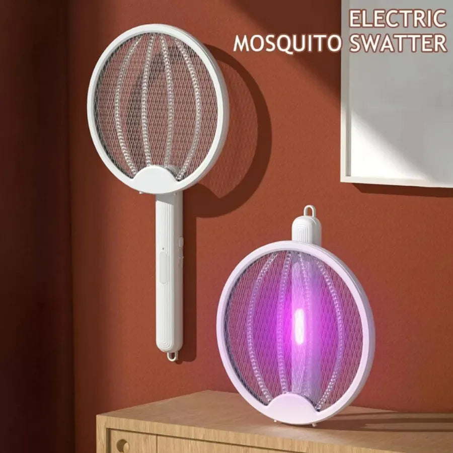 Raqueta Eléctrica Mata Mosquitos 2 en 1 | Trampa de Luz LED Púrpura 3000V | Diseño Plegable Recargable USB | Eliminador de Insectos Sin Químicos