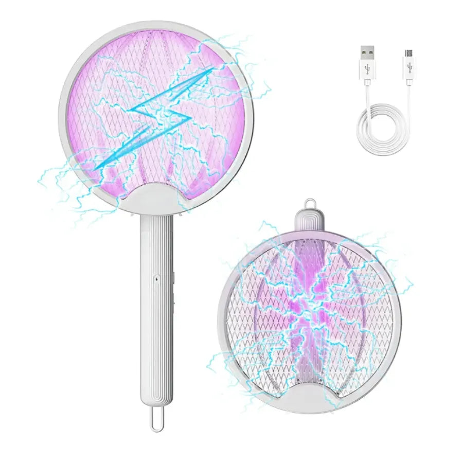 Raqueta Eléctrica Mata Mosquitos 2 en 1 | Trampa de Luz LED Púrpura 3000V | Diseño Plegable Recargable USB | Eliminador de Insectos Sin Químicos