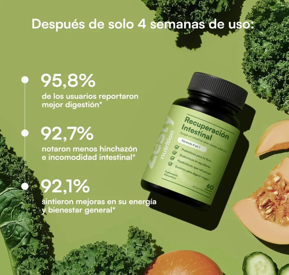 Suplemento de Recuperación Intestinal 4-en-1 Nexiora | 60 Cápsulas con Probióticos, Prebióticos, Postbióticos y Enzimas | Reparador de Mucosa con Glutamina | Alivio de Hinchazón y Gases | Salud de la Microbiota