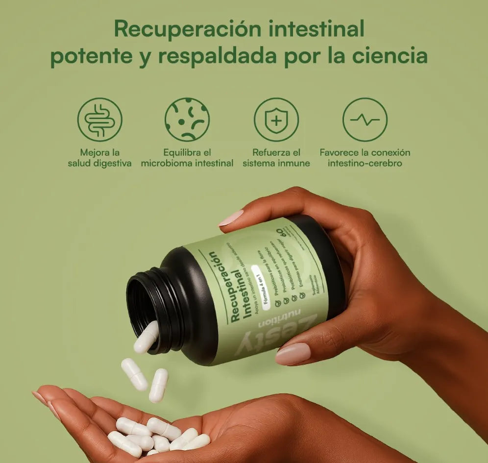 Suplemento de Recuperación Intestinal 4-en-1 Nexiora | 60 Cápsulas con Probióticos, Prebióticos, Postbióticos y Enzimas | Reparador de Mucosa con Glutamina | Alivio de Hinchazón y Gases | Salud de la Microbiota