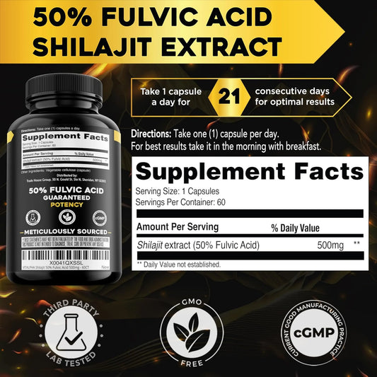 Suplemento Shilajit Himalaya 60 Cápsulas | Resina de Shilajit Puro de Alta Potencia | Refuerzo Cerebral y Claridad Mental | Aumenta tu Energía y Vitalidad | Suplemento Orgánico para el Sistema Inmunológico