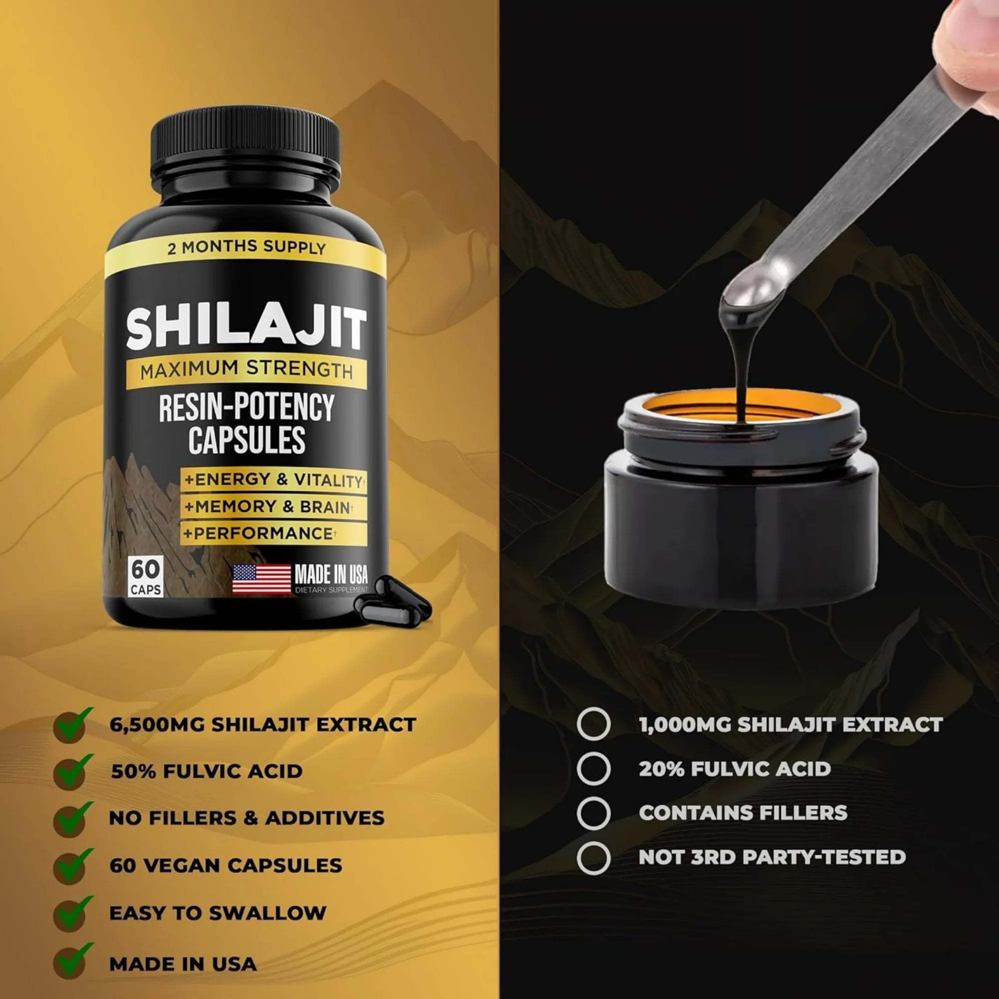 Suplemento Shilajit Himalaya 60 Cápsulas | Resina de Shilajit Puro de Alta Potencia | Refuerzo Cerebral y Claridad Mental | Aumenta tu Energía y Vitalidad | Suplemento Orgánico para el Sistema Inmunológico