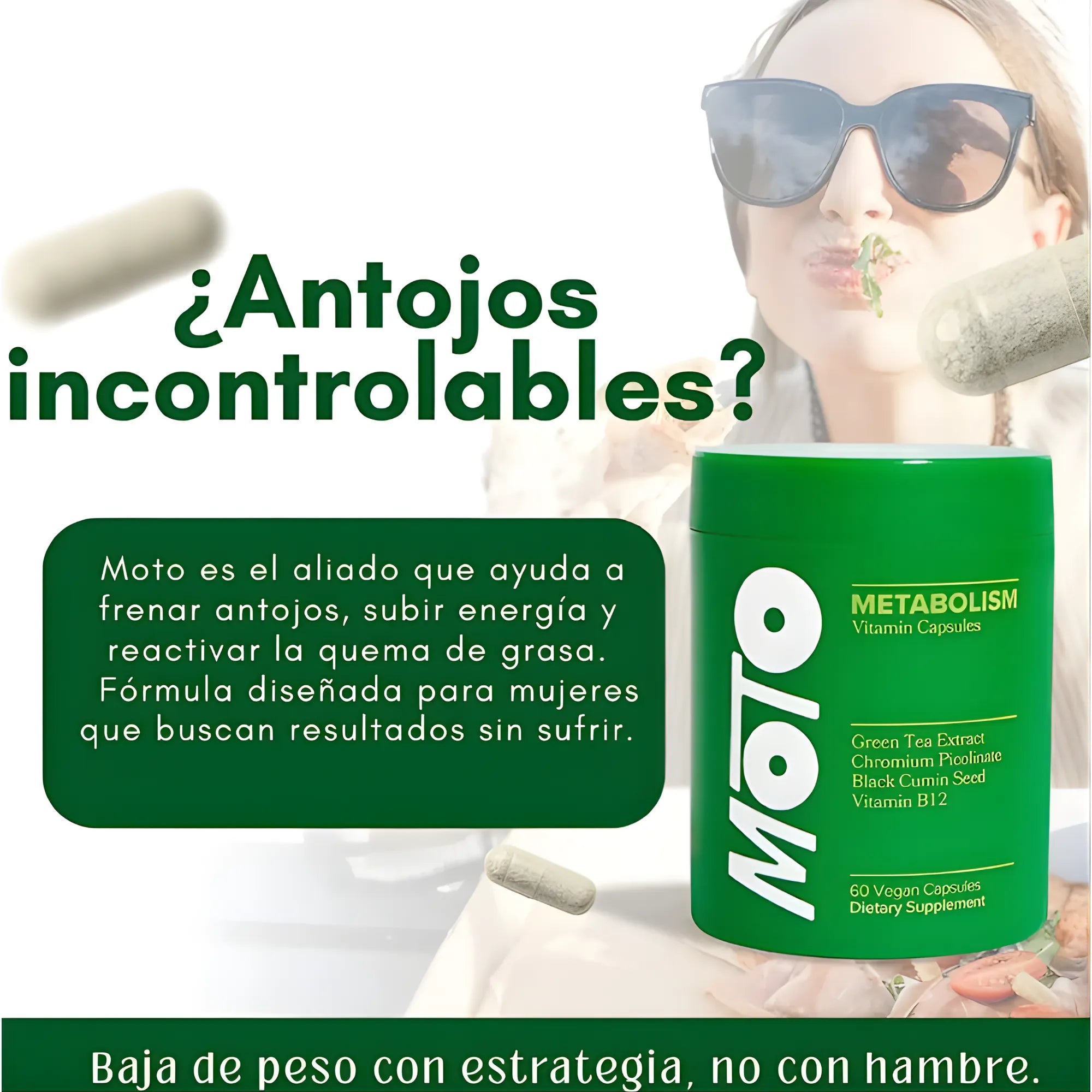 Suplemento MOTO Metabolismo 60 Cápsulas | Activador Natural de Energía y Quema de Grasa para Mujeres | Con Té Verde y Vitamina B12 | Control de Antojos y Apoyo Metabólico | Fórmula 100% Vegana