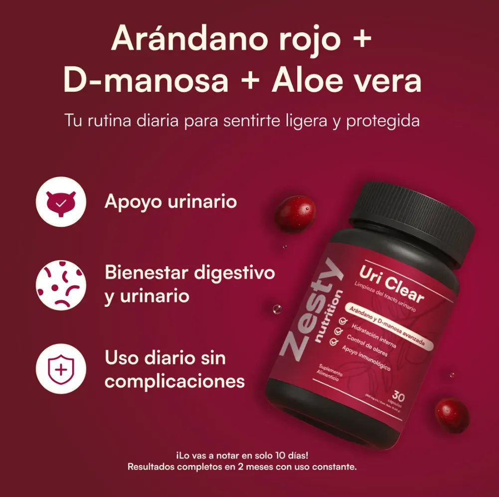 Suplemento Uri Clear 30 Cápsulas | Fórmula Natural con D-Manosa y Arándano Rojo | Soporte para Tracto Urinario, Equilibrio del pH y Frescura Íntima Femenina | Enriquecido con Vitamina C