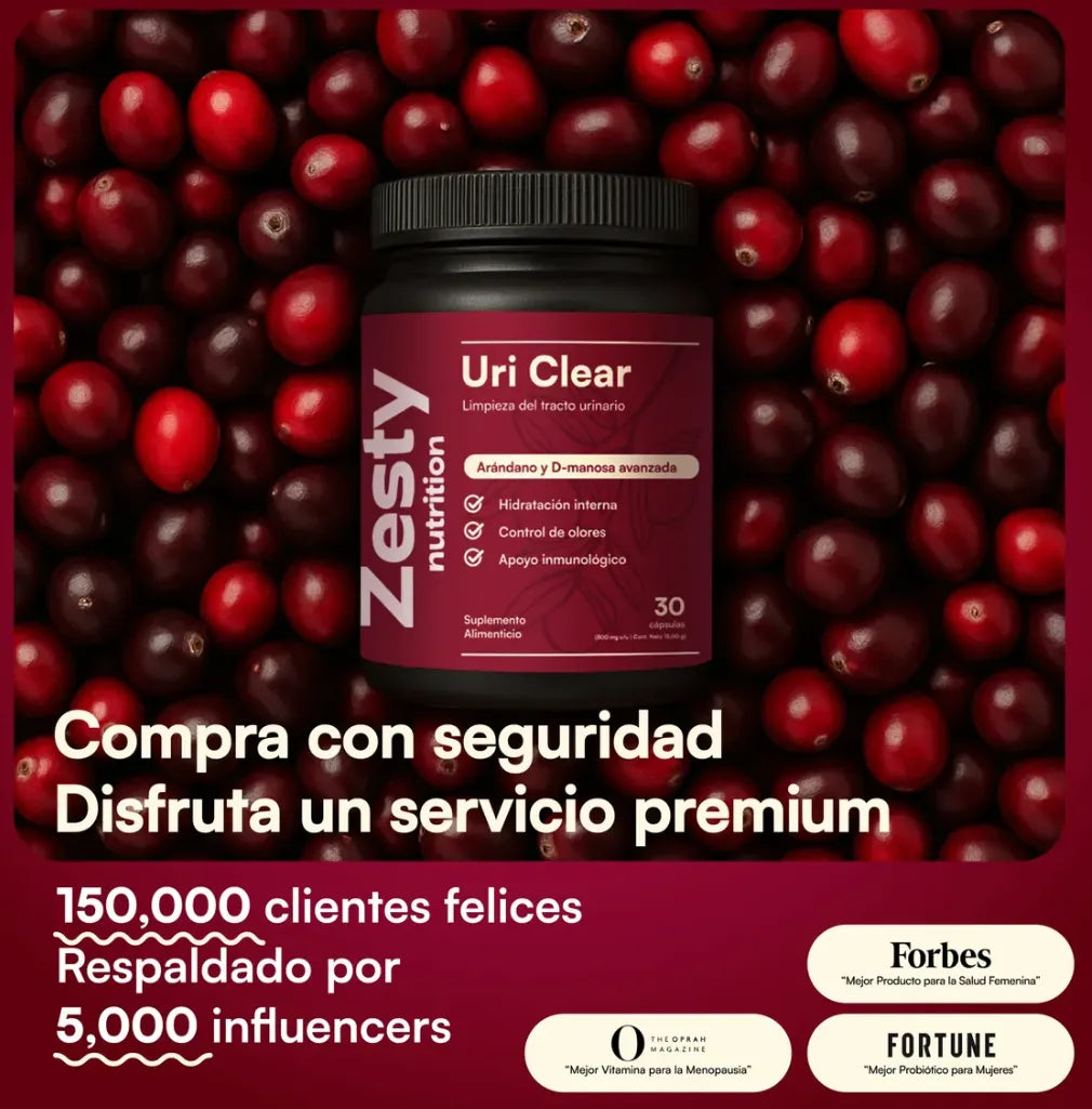 Suplemento Uri Clear 30 Cápsulas | Fórmula Natural con D-Manosa y Arándano Rojo | Soporte para Tracto Urinario, Equilibrio del pH y Frescura Íntima Femenina | Enriquecido con Vitamina C