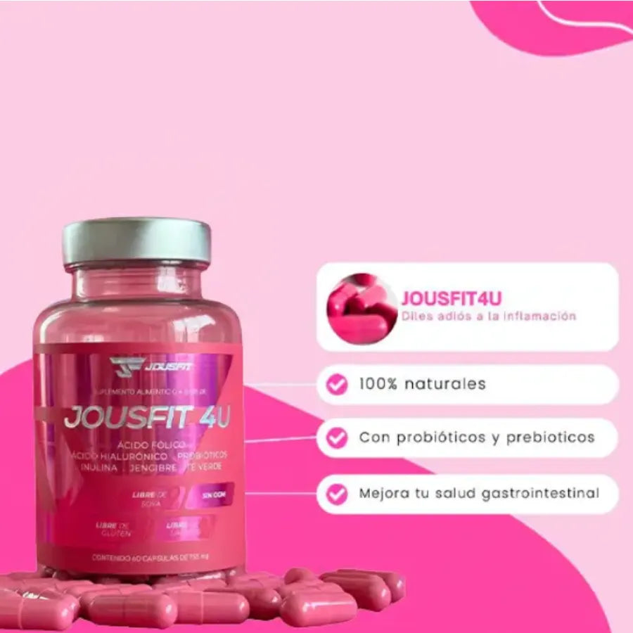Suplemento Jousfit 4u 60 Cápsulas | Complejo de Probióticos, Prebióticos y Fibra | Adiós a la Inflamación y Estreñimiento | Con Ácido Hialurónico para la Piel y Té Verde Antioxidante | Salud Digestiva y Vitalidad Nexiora