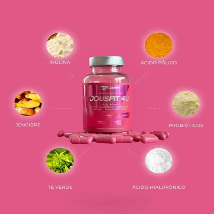 Suplemento Jousfit 4u 60 Cápsulas | Complejo de Probióticos, Prebióticos y Fibra | Adiós a la Inflamación y Estreñimiento | Con Ácido Hialurónico para la Piel y Té Verde Antioxidante | Salud Digestiva y Vitalidad Nexiora