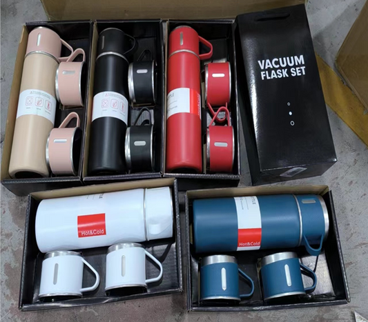 Set de Termo Vacuum 500ml con 3 Tazas | Acero Inoxidable, Térmico para Café y Té, Portátil