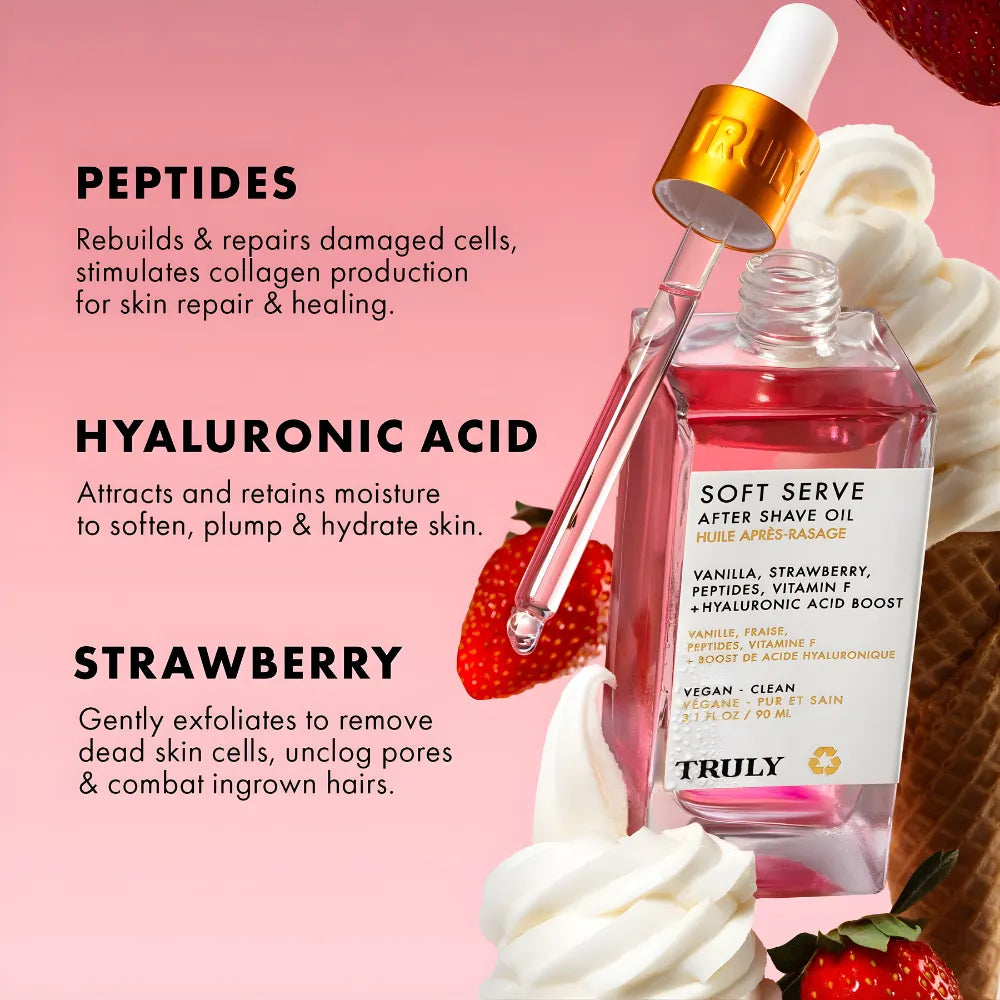 Truly Beauty Soft Serve Rosa 90ml | Aceite Corporal Post-Afeitado con Ácido Hialurónico y Péptidos | Previene Vellos Encarnados e Irritación | Hidratante Hipoalergénico con Aroma a Fresa