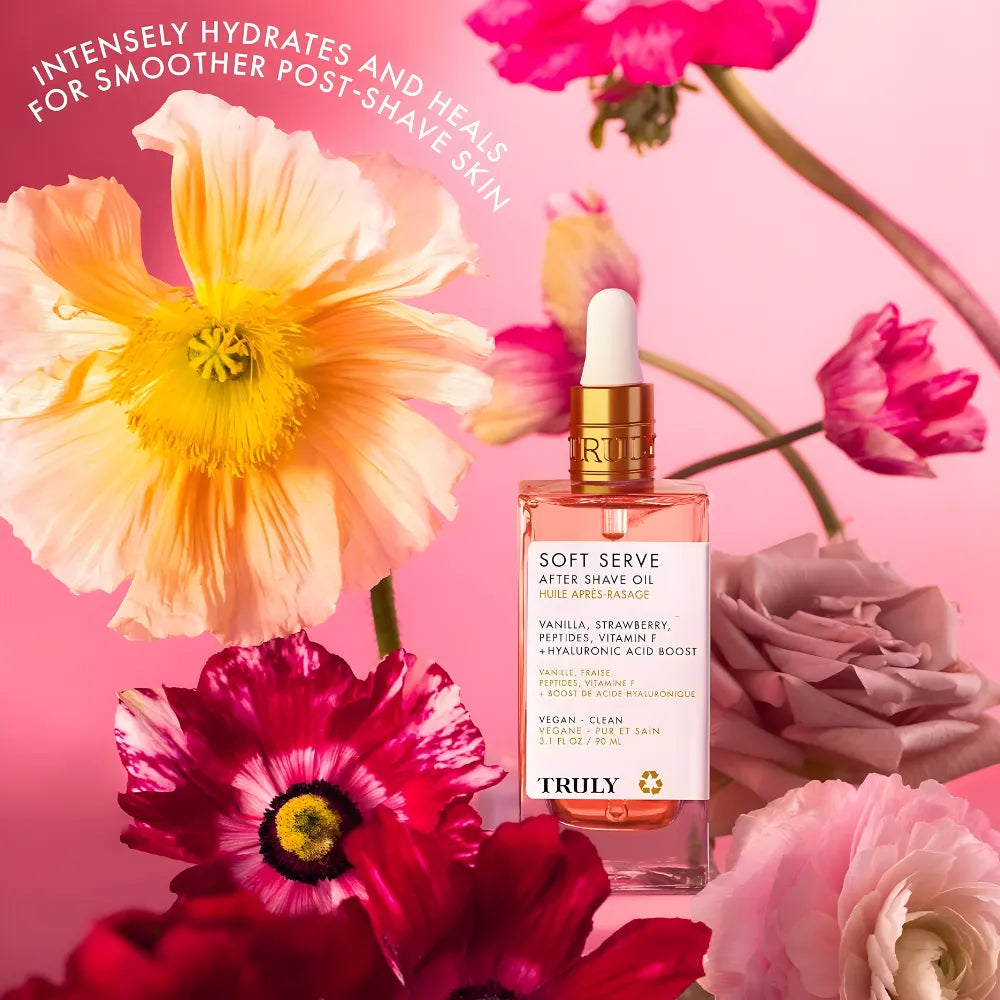 Truly Beauty Soft Serve Rosa 90ml | Aceite Corporal Post-Afeitado con Ácido Hialurónico y Péptidos | Previene Vellos Encarnados e Irritación | Hidratante Hipoalergénico con Aroma a Fresa