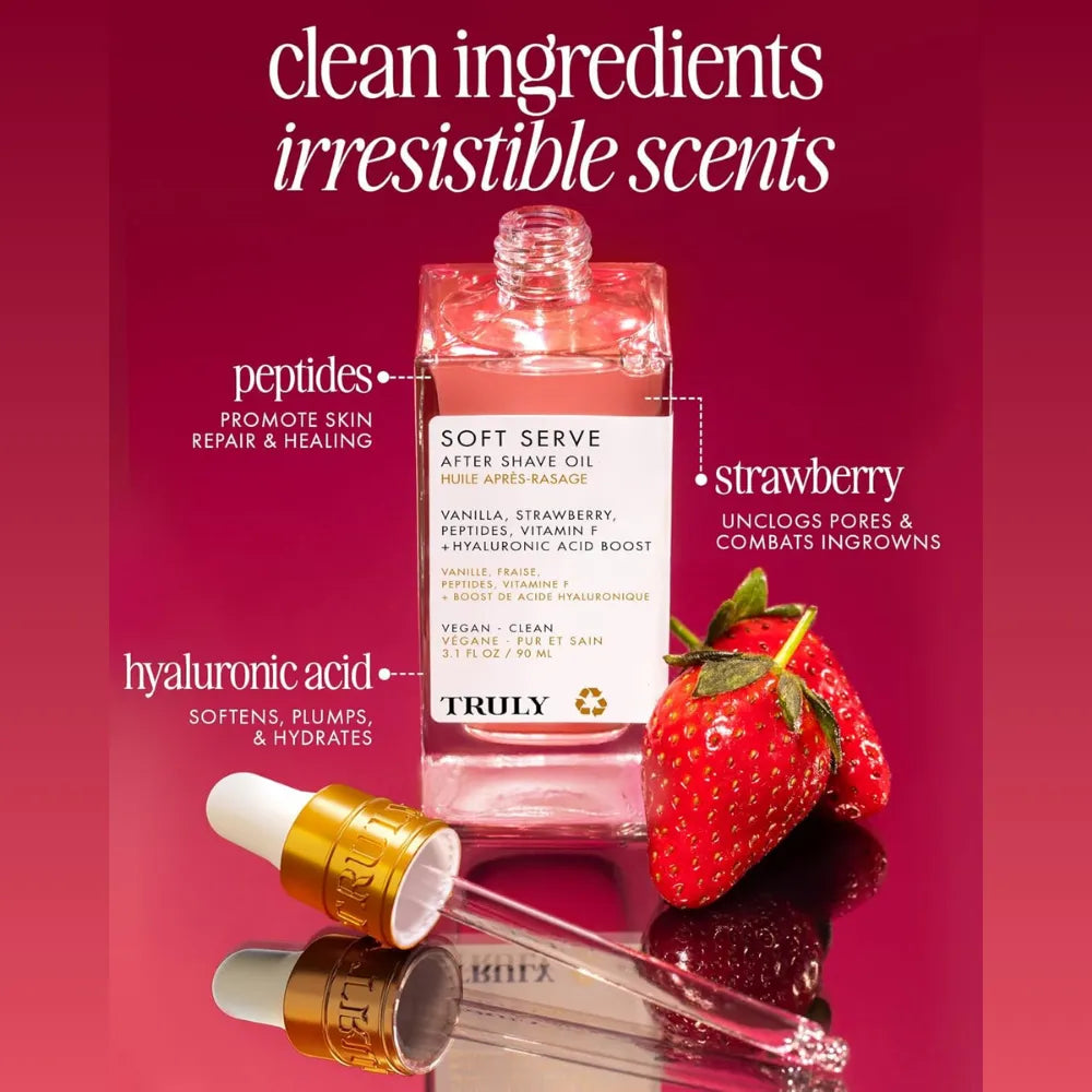 Truly Beauty Soft Serve Rosa 90ml | Aceite Corporal Post-Afeitado con Ácido Hialurónico y Péptidos | Previene Vellos Encarnados e Irritación | Hidratante Hipoalergénico con Aroma a Fresa