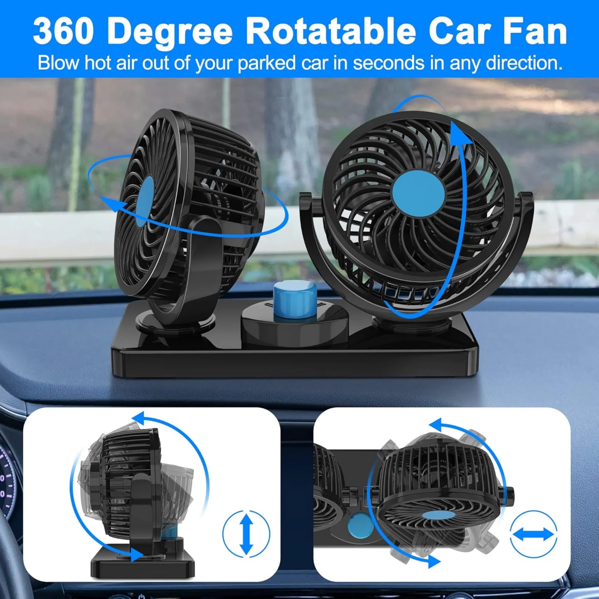 Ventilador Doble para Coche 360° | Potente Ventilador Dual de 13cm con 2 Velocidades | Circulador de Aire Silencioso para Auto, Camión y Van | Plástico ABS de Seguridad