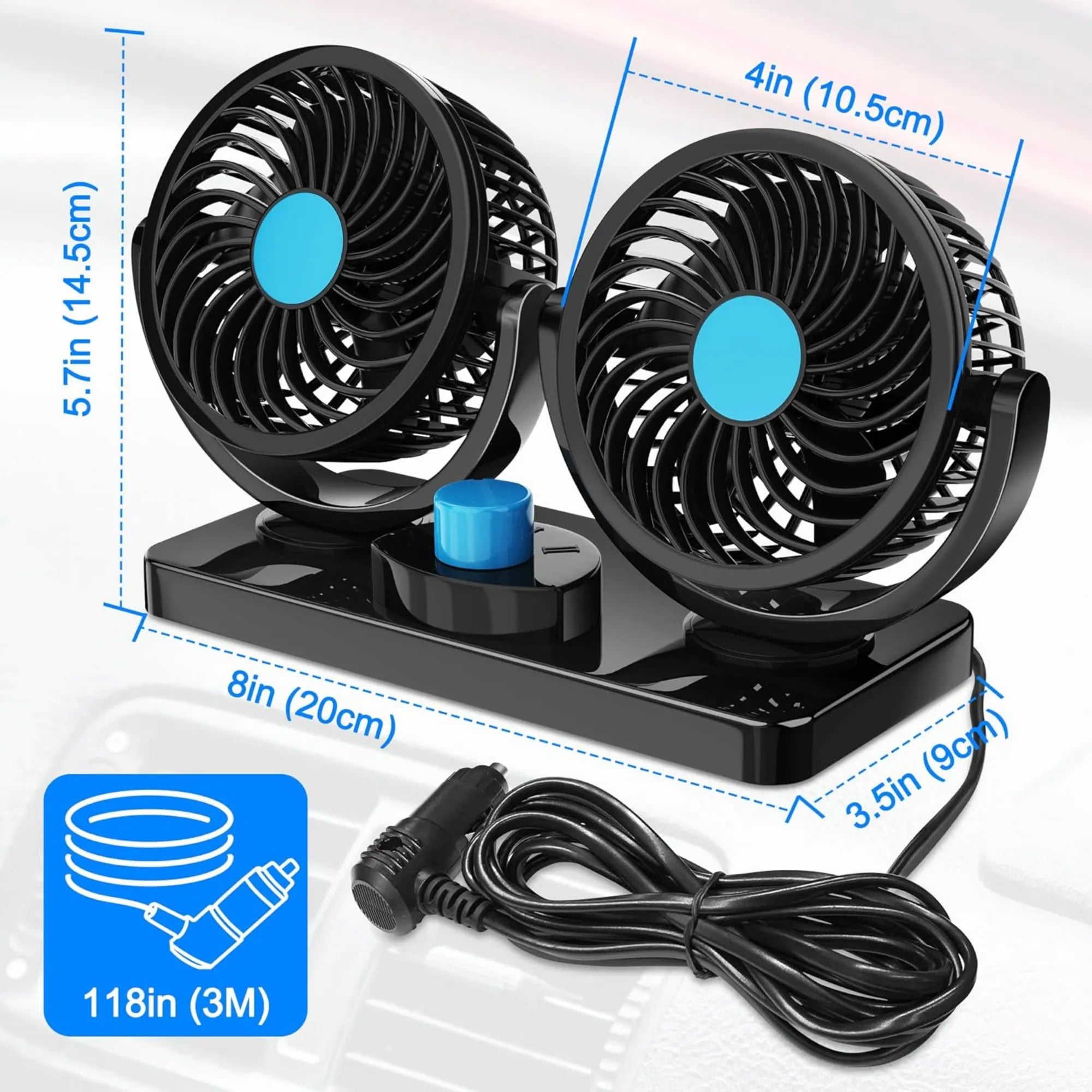 Ventilador Doble para Coche 360° | Potente Ventilador Dual de 13cm con 2 Velocidades | Circulador de Aire Silencioso para Auto, Camión y Van | Plástico ABS de Seguridad
